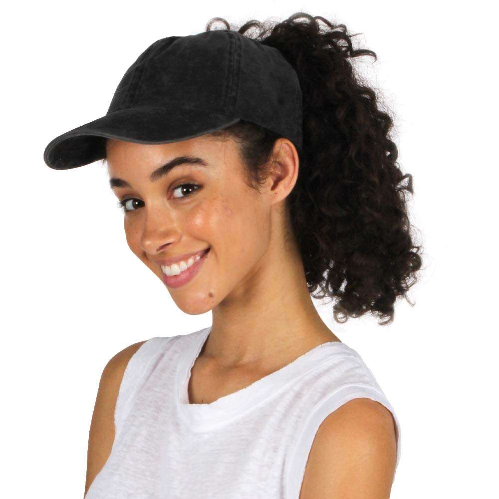 Ponyflo Cotton Ponytail Hat - Denim Black - Ponytail Caps for Women, Designed for Curly Hair, Curly Hair Ponytail Hat, Womens Baseball Caps Specifically Fit for Curly Hair 5