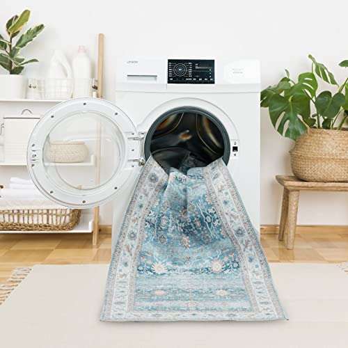 RUGSREAL Washable Rug 4x6 Vintage Print Distressed Carpet Foldable Indoor Floor Cover Non Slip Non-Shedding Throw Rug Lightweight Thin Rug for Bedroom Living Room, 4'x6', Blue 6