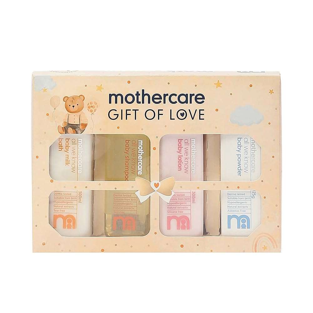 Mothercare Gift Set for Babies | Baby Gift Box (Pack of 4) | Bath Milk, Lotion, Shampoo 300ml Each & Powder 125g | 1