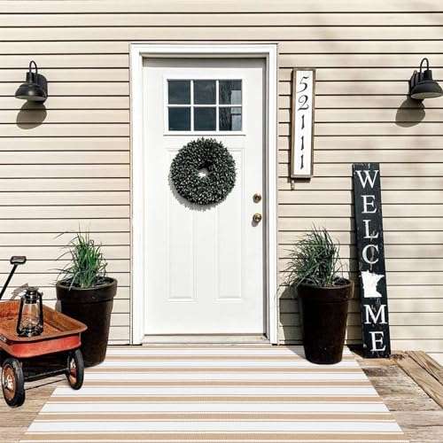 LEEVAN Washable Area Rug 3x5, Reversible Striped Outdoor Rug Tan, Low Profile Small Patio Rug Door Mat Indoor, Cotton Woven Backyard Mats, Non-Shedding Front Porch Deck Floor Carpet 4