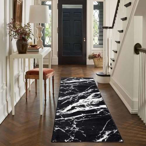 Asrug 2x8 Washable Kitchen Runner Rug, Runners for Hallways, Bathroom Runner Rugs, Modern Area Rug, Soft Low-Pile Floor Non Slip Carpet, Entryway Rugs Indoor, Mable Design Laundry Room Rug, Black 6
