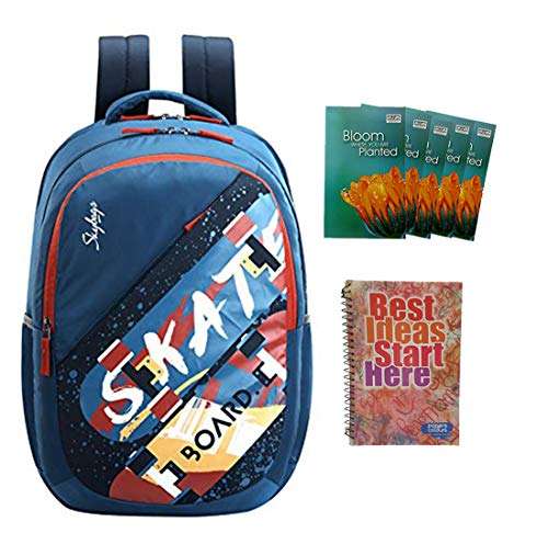 MaBelle ASTRO PLUS 01 SKYBAG Trendy Design 34L School/College Bag Combo with 1 Single Line Spiral Binding 200 Pages Notebook & 5 Register (108 Pages) ,-01 Set/Premium Materials/ - Teal Blue 1