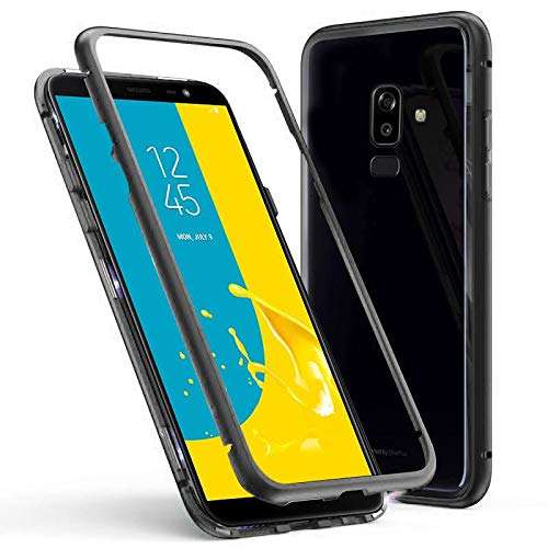 Navnika® Magnetic Adsorption Back Case Cover for Samsung Galaxy A6 Plus { 360° Full Body Protection Metal Frame Support Wireless Charge Ultra Thin Clear Hard Case (Black)