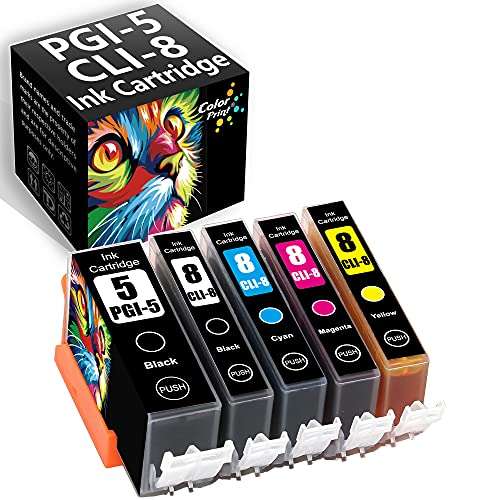 5-Pack ColorPrint Compatible PGI5 CLI8 Ink Cartridge Replacement for PGI-5 CLI-8 Work with Pixma Pro9000 Pro6000 Pro6500 iP6700D iPP3300 iP3500 MX700 iP6600D iP5200R MX700 Printer(XLBK, BK, C, M, Y) 1