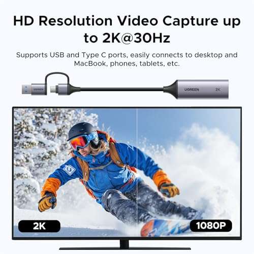 UGREEN 2K@30Hz Video Capture Card HDMI to USB 3.0 and USB C, Full HD 4K 30Hz Input with Low Latency for Capture Video and Audio Recording Compatible with Switch 2/Xbox/PS5/ TV Stick/PC/Camera 3