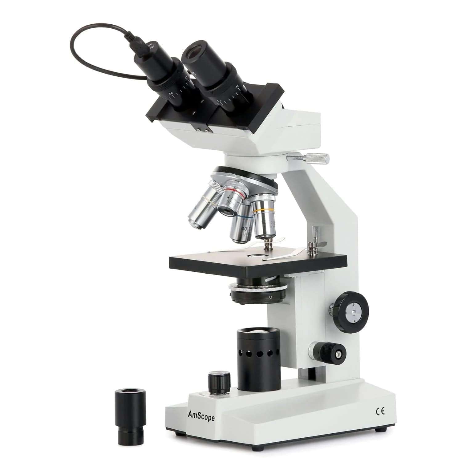 AmScope B100-E 1000X Digital Compound Binocular Microscope, 40X-1000X Magnification, Brightfield, Tungsten Illumination, Abbe Condenser, Plain Stage, Includes 0.3MP Camera and Software 3
