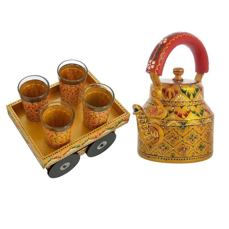 Asmita Craft HandPainted Alluminium Tea Kettle with Four Glasses and Wooden Tray For Home Dcor Tea Party Serving -02 3