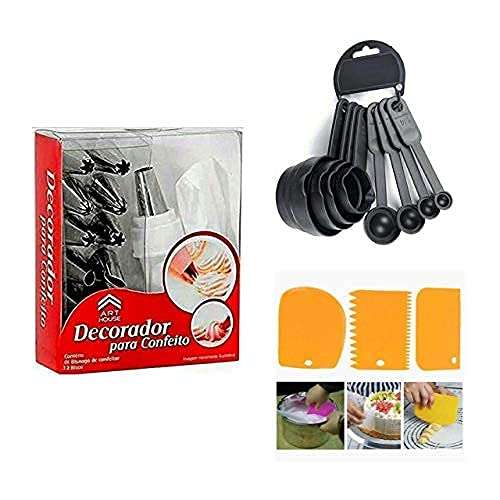 12 Piece Cake Decorating Nozzle Set and 3 Pcs Set Plastic Dough Bench Scraper Cake Cutter, Chopper and 8 pcs Measuring Cup (Multi-Color)