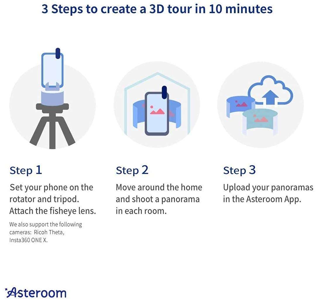 360 Camera 3D Virtual Tour Real Estate Kit + iPhone XR Phone Case Bundle by Asteroom - 2nd Gen. Gear Includes Digital Camera Rotator, Fisheye Cam Lens, Tripod 5