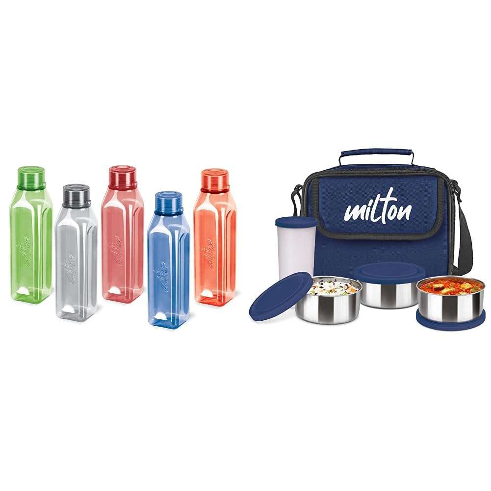 MILTON Prime 1000 Pet Water Bottle, Set of 5, 1 Litre Each & MILTON New Steel Combi Lunch Box, 3 Containers and 1 Plastic Tumbler with Jacket, Set of 4, Blue
