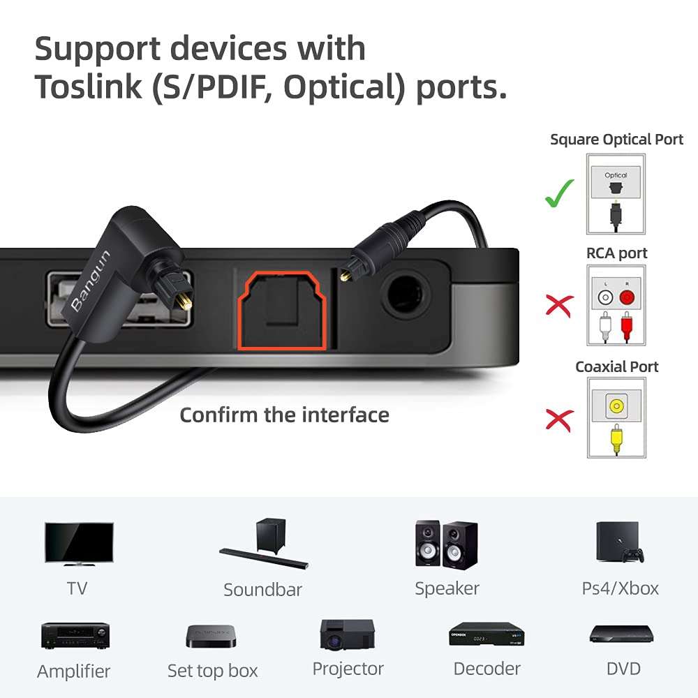 Bangun 90 Degree Toslink Optical Audio Cable 6 Foot, Slim S/PDIF Digital Right Angle Fiber Optic Audio Cord for Soundbar/TV 5