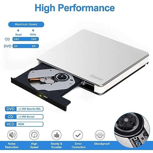 Guamar External CD Drive for Mac: Portable Slim DVD Burner for Laptop PC Windows with SD/TF Slot 2 USB Ports - Plug & Play USB-C Superdrive for MacBook High-Speed Read Write (Silver) 4