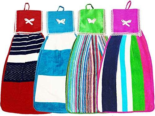 VORDVIGO Double Sided Printed Soft Cotton Hanging Hand Towel Napkin for Wash and Kitchen Basin (Multicolor) - Pack of 4 1