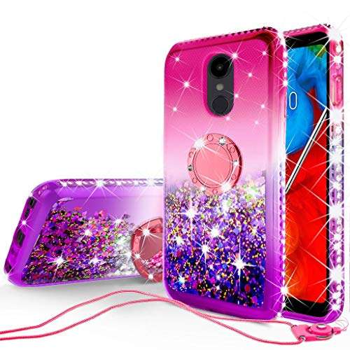 Liquid Glitter Cute Phone Case Kickstand Compatible for LG Stylo 5 / Stylo 5 Plus Case Clear Bling Diamond Bumper Ring Stand Girls Women - Pink/Purple 1