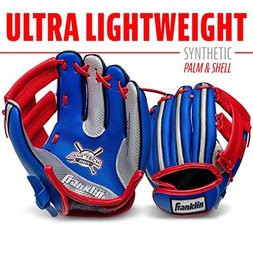 Franklin Sports Kids Baseball Glove + Ball Set - Air Tech Youth Teeball Glove - Boys + Girls Children's Glove + Ball - Right Hand Throw - Blue, Red and Silver, 9" 4