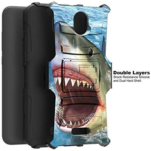 TurtleArmor | Compatible with Cricket Icon 2 Case | U325 [Hyper Shock] Hybrid Reinforced Dual Layer Case Belt Clip Holster Stand Sea Ocean - Shark Attack 5