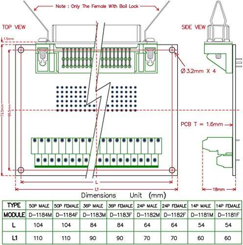 Davitu 50-Pin 0.085" Centronics Male Ribbon Connector Breakout Board. 3
