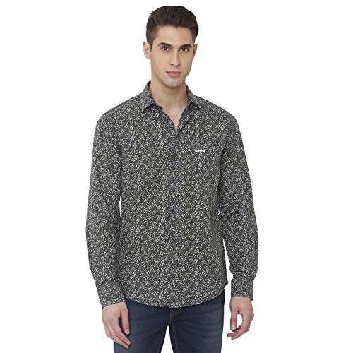 Mufti Men's Micro Prints Green Full Sleeve Shirt (Green, Medium)