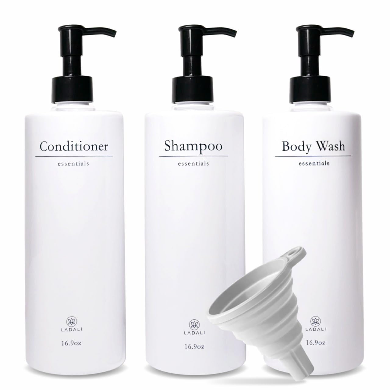 Ladali Shampoo and Conditioner Dispenser,16.9oz, Set of 3 Luxury Refillable Bottles with Permanent Stylish Label and Silver Pump, Aesthetic Home Bathroom Essentials (WhiteBlack Pump)
