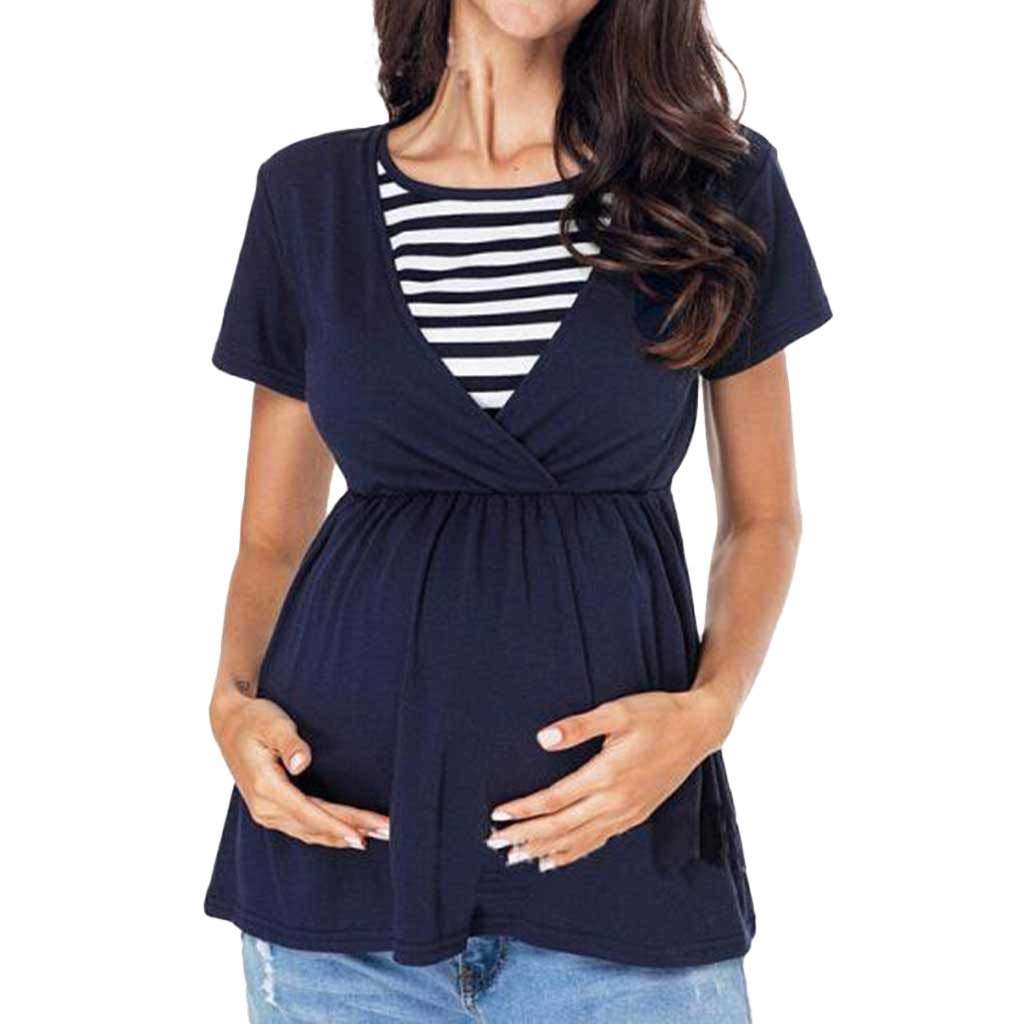 Women's Maternity Nursing Tops Patchwork Striped Double Layer Loose Pregnancy Breastfeeding T Shirt (L, Blue) 1