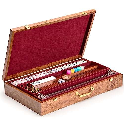 Yellow Mountain Imports American Mahjong Set, Golden Fortune with 166 Acrylic Mahjong Tiles, Inlaid Wooden Case, Racks and Other Accessories 4