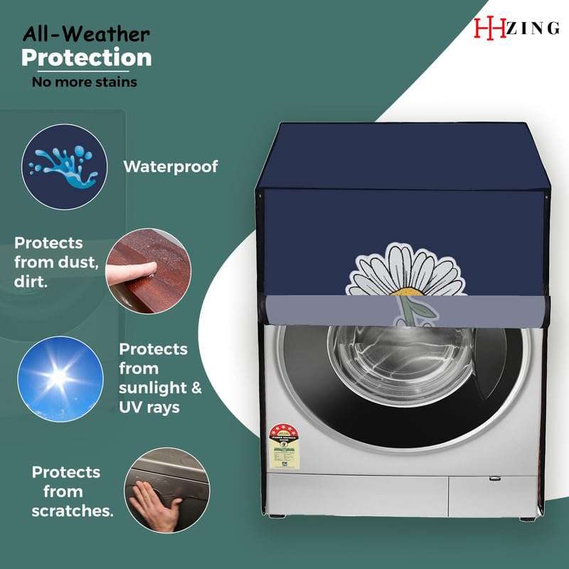 HIZING Waterproof Washing Machine Cover Front Load/Dishwasher, Universal Compatible/Suitable for - 6.5 Kg, 7 Kg, 7.5 Kg, 8 Kg Bosch/LG/Samsung/Whirlpool/LLYOD/Godrej Solid Blue Sunflower Print 3