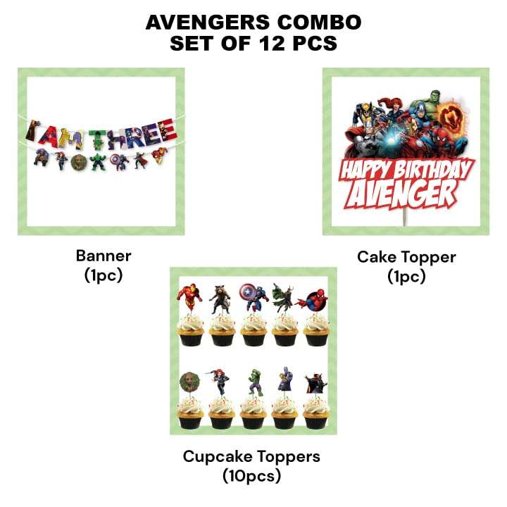 Festiko® 12 Pcs I Am Three Birthday Banner, Cake & Cupcake Toppers, I Am Three Combo, Superhero Combo Supplies, Superhero Theme Party Decorations 3