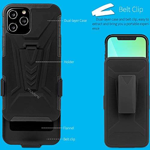 TKMore Dual-Layer Cell Phone Case for Apple iPhone12ProMax with Belt Clip Holster and Kickstand Holder Anti-Knock Cover Black 3