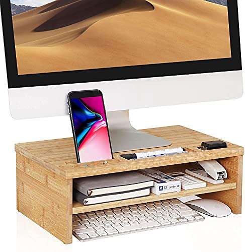 WELL WENG Monitor Stand Riser, 15.7 Inch Premium Bamboo Desk Shelf Organizer with Sliding Door (Natural) 1