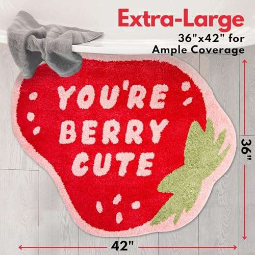 Extra Large Bath Bites Strawberry Bath Mat 35"x41" - You're Berry Cute, Fun Bath Mat, Large Area Rug, Aesthetic Bathroom Rugs for bathroom decor or home decor, cute bathroom mat non slip washable rug 2