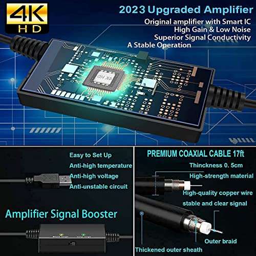 TV Antenna Indoor/Outdoor Digital HDTV Antenna Long 280Miles Range with Smart Switch Amplified Signal Booster, Support 4K 8K 1080P Fire Stick Smart TV and All TV's-17FT Coax Cable/AC Adapter 6
