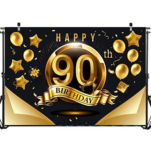Happy 90th Birthday Backdrop for Men Women | 90 Birthday Backdrop Background Banner 90th Anniversary Backdrop | Happy 90th Birthday Photo Backdrop Banner Wall Decorations Black and Gold 71 x 49 inch 1