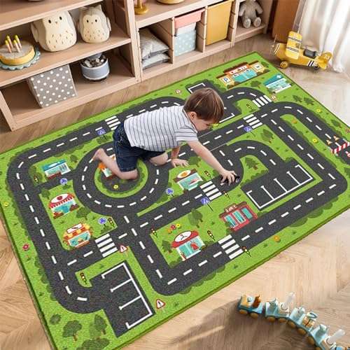 Car Rug Play Mat, Road Rug Carpet for Kids, City Life Educational Road Traffic Carpet for Aged 3-12 Years Old(80×160cm/32×63inch) 1