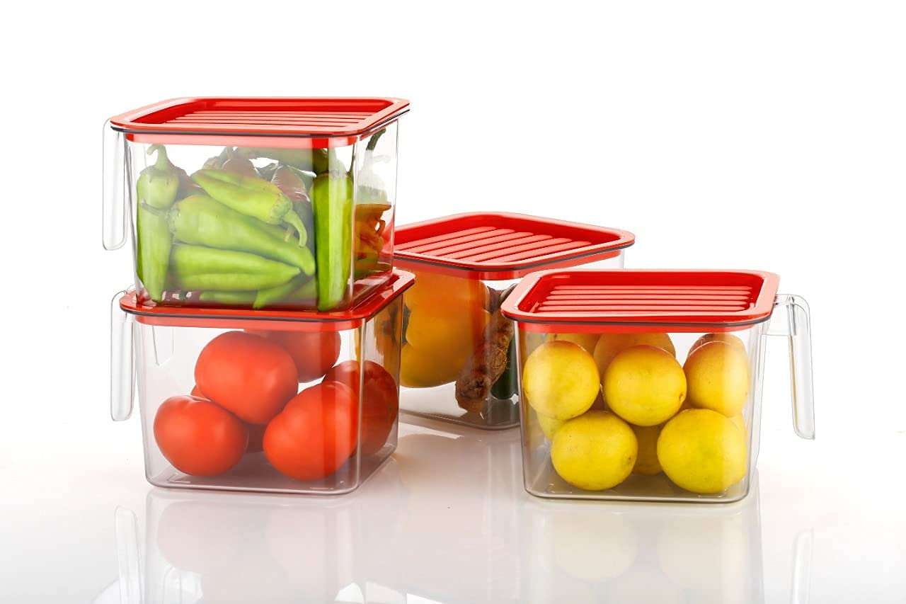 SimpleTec Pack of 3 Multipurpose Fridge storage containers & jar Set Plastic Refrigerator Box with Handles and Airtight Lid Unbreakable kitchen storage Vegetable, Food, Fruits Basket - ,1100 ml 5