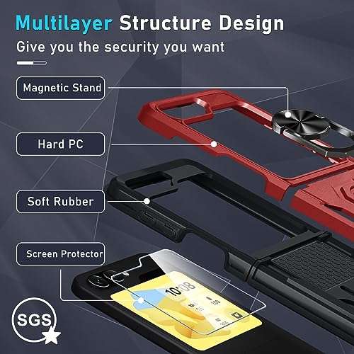 Janmitta case for Samsung Galaxy Z Flip 5 Case Built in Front Screen Protector+Hinge Protection+Finger Ring Metal Kickstand,Heavy Duty Shockproof Full Body Protective Cover,2023 Red 4
