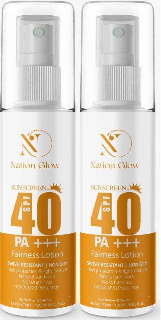 Nation Glow sunscreen fairness lotion SPF 40 Lightweight with Multi-Vitamins, No White Cast, Broad Spectrum PA +++, Acne Safe | For Women & Men | 240(pack of 2)