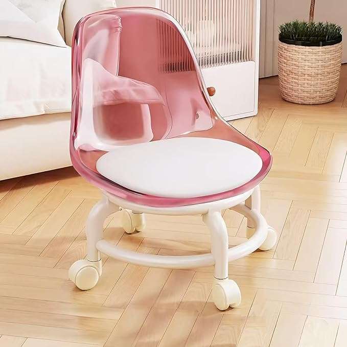 Modern Style Chair Roller Seat PU Leather Low Rolling Stool Swivel Small Stool with Universal Caster Wheels for Home Office Garage Shop Fitness Sport Mini Height Adjustable Stool Kids Chair (Pink) 1