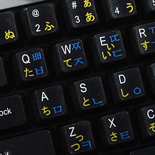 Korean Japanese Hiragana Keyboard Labels Layout with Blue and Yellow Lettering Transparent Background 1
