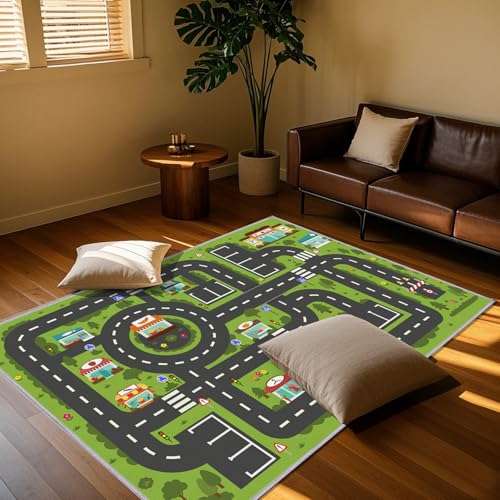 Car Rug Play Mat, Road Rug Carpet for Kids, City Life Educational Road Traffic Carpet for Aged 3-12 Years Old(80×160cm/32×63inch) 4