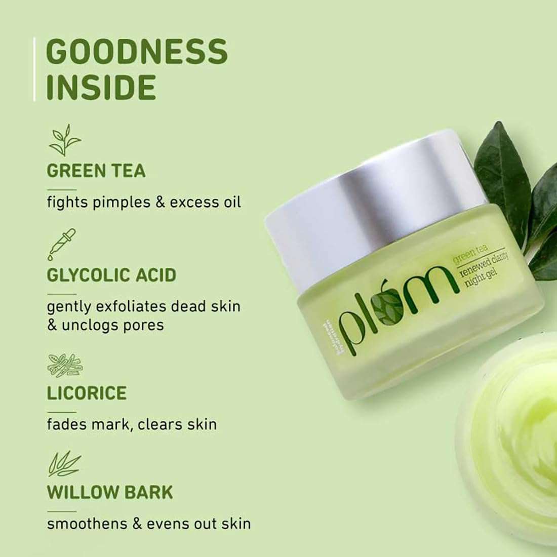 Plum Skin Renewing Night Face Gel with Green Tea & Glycolic Acid for Oily & Acne Prone Skin, Hydrating Moisturizer Night Cream for Oily Skin, Paraben & Cruelty Free for Women,1.69 Fl OZ 4