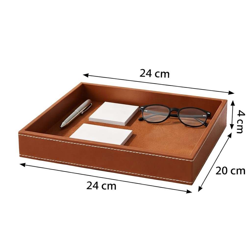Leather Valet Tray, Tan, Desk Organizer with Stitching, 10x8x1.5 Inch 4