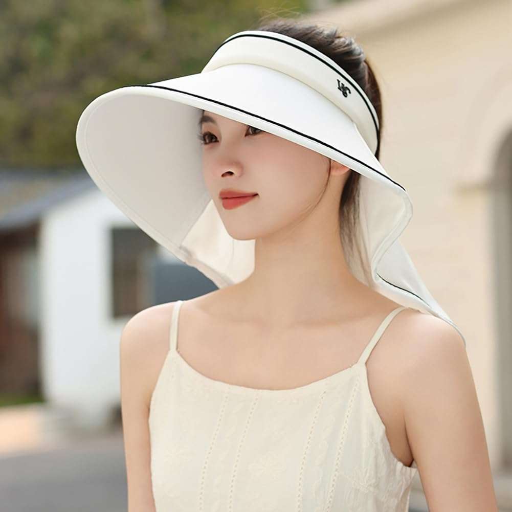 Summer Sun Hats for Women Roll-up Ponytail Bucket Hats Wide Brim Shawl Neck Flap UPF50+ Visor Cap for Beach Outdoor 2025 4