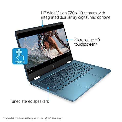 HP Laptop X360 14a Chromebook 14" HD Touchscreen, Entertaining from Any Angle Intel Celeron, 4GB DDR4 64GB eMMC WiFi Webcam Stereo Speakers Bluetooth 4.2 Chrome Blue Metallic Color 2