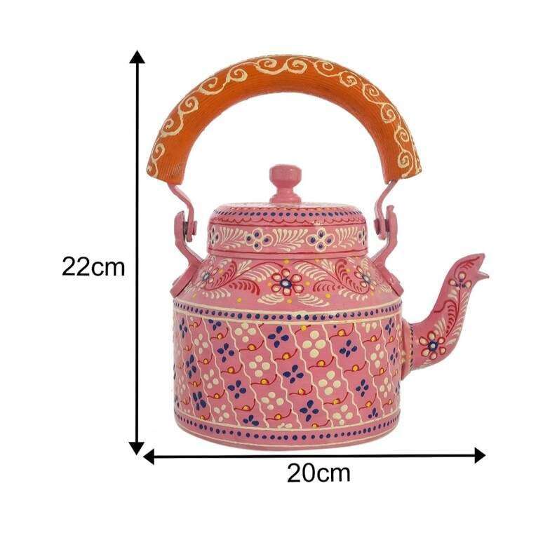 Asmita Craft HandPainted Alluminium Pink Tea Kettle with Four Glasses and Wooden Tray For Home Dcor Tea Party Serving 5