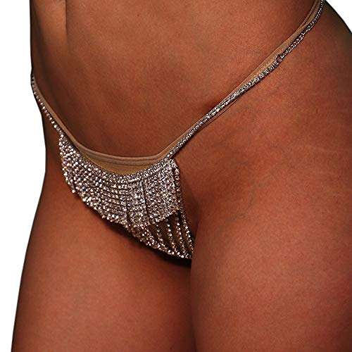 Women Sexy Rhinstone Underwear G-String Thong Panties Bridal Crystal Tassel Body Chain Jewelry Bikini Crystal Waist Body Chain for Nightclub(Silver) 3