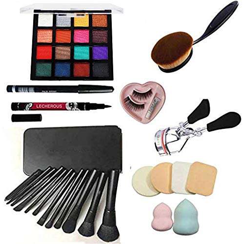 Adbeni Face makeup combo of Makeup brush pack of 7pc with eyelashes, eyelash curler, Foundation brush, sketch eyeliner and 6 in1 makeup sponge with beauty blender (8 Items in the set) 1