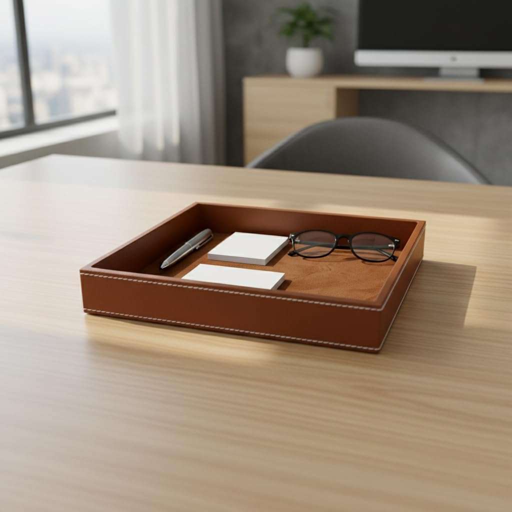 Leather Valet Tray, Tan, Desk Organizer with Stitching, 10x8x1.5 Inch 3