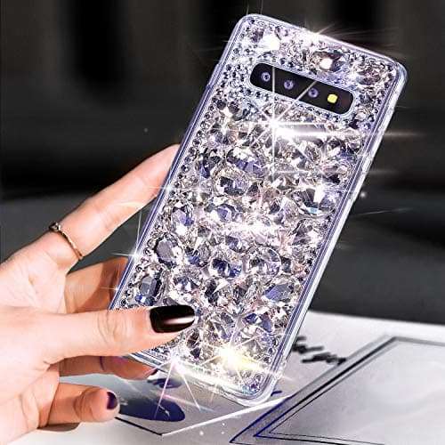Galaxy S10 Plus Case,Galaxy S10 Plus Diamond Case Cover,ikasus 3D Handmade Bling Rhinestone Diamonds Luxury Sparkle Rhinestones Case Full Crystals Bling Diamond Case Cover for Galaxy S10 Plus,Silver 1
