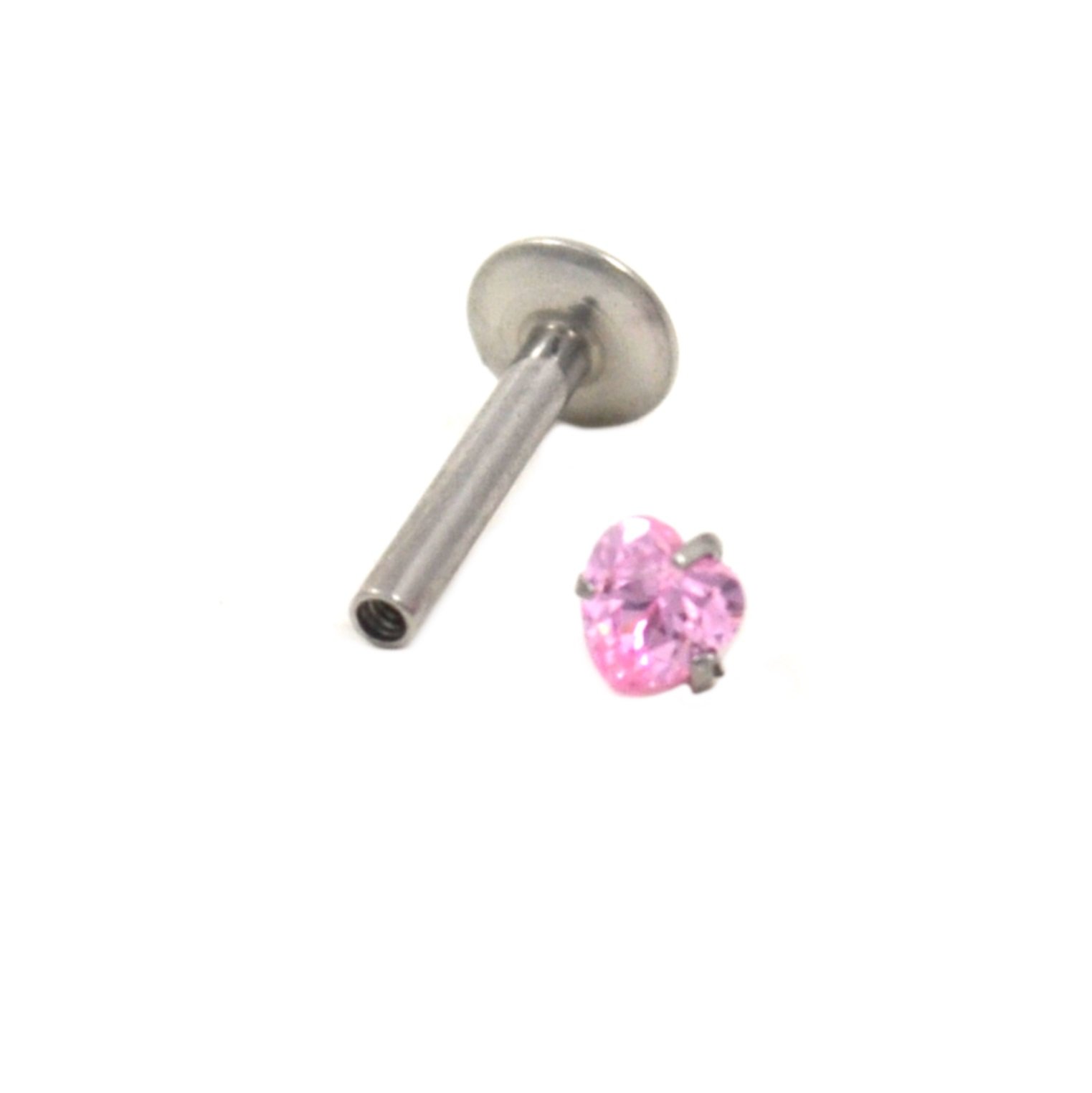 Stainless Steel Lip Ring w/Pink Heart Prong Gem Labret Monroe Piercing Bar 16G 5/16"