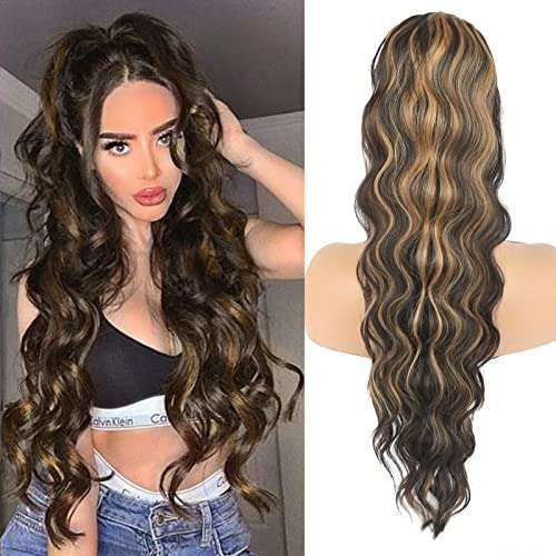 Oseti Highlight Loose Deep Wave Drawstring Ponytail High Pony Deep Wavy Curl Wrap Around Ponytail Highlights Brown Blonde Water Wave Clip in Ponytail High Pony for Girl Synthetic Hairpiece for Women 1